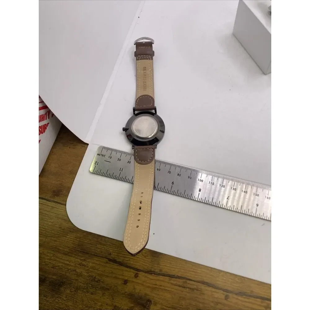 Mens Metallic Brown Black Leather Watch Works New Battery